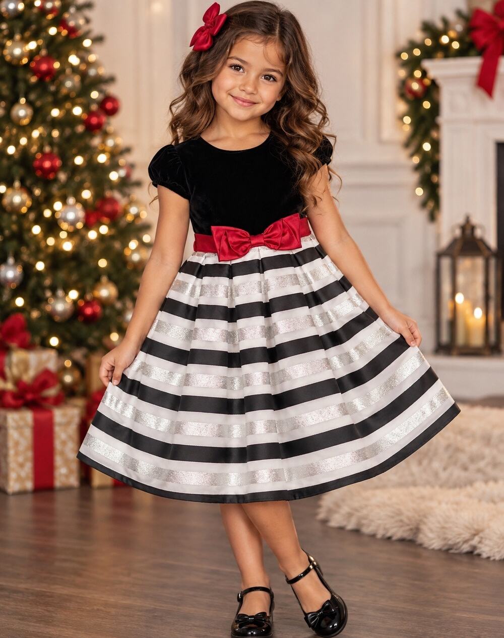 Jona Michelle Girls 6X/7 Black Silver Red Velvet Striped Holiday Party Dress